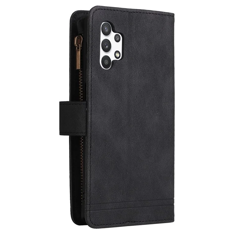 Stripes Imprimido Color Sólido Toque de Piel Toque de la Billetera Rangedones de la Tarjeta de Tapa de Cuero Case de Teléfono Con Bolsillo Con Cremallera Para Samsung Galaxy A32 5G/M32 5G - Negro