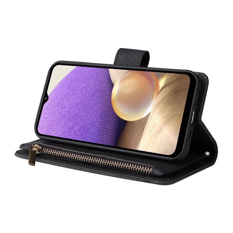 Stripes Imprimido Color Sólido Toque de Piel Toque de la Billetera Rangedones de la Tarjeta de Tapa de Cuero Case de Teléfono Con Bolsillo Con Cremallera Para Samsung Galaxy A32 5G/M32 5G - Negro