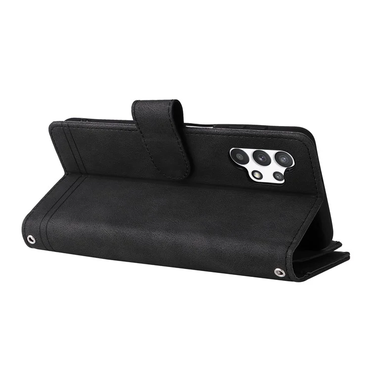 Stripes Imprimido Color Sólido Toque de Piel Toque de la Billetera Rangedones de la Tarjeta de Tapa de Cuero Case de Teléfono Con Bolsillo Con Cremallera Para Samsung Galaxy A32 5G/M32 5G - Negro