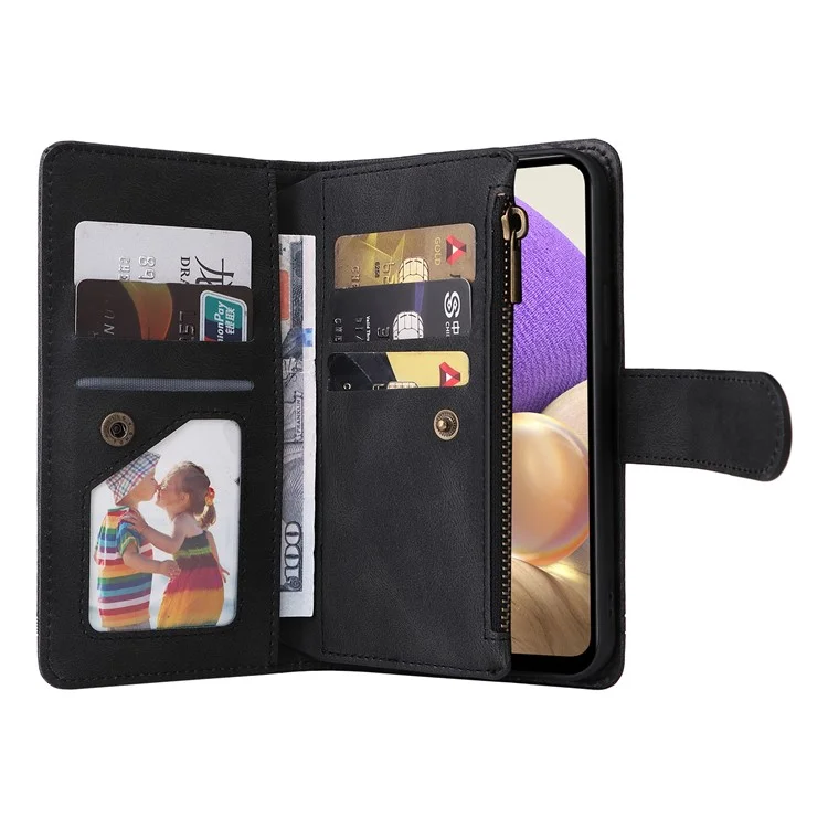 Stripes Imprimido Color Sólido Toque de Piel Toque de la Billetera Rangedones de la Tarjeta de Tapa de Cuero Case de Teléfono Con Bolsillo Con Cremallera Para Samsung Galaxy A32 5G/M32 5G - Negro