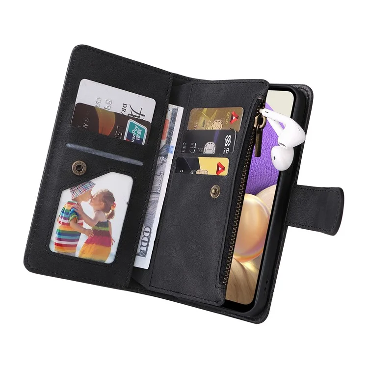 Stripes Imprimido Color Sólido Toque de Piel Toque de la Billetera Rangedones de la Tarjeta de Tapa de Cuero Case de Teléfono Con Bolsillo Con Cremallera Para Samsung Galaxy A32 5G/M32 5G - Negro