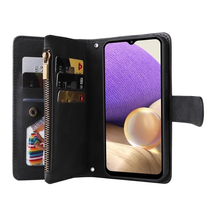 Stripes Imprimido Color Sólido Toque de Piel Toque de la Billetera Rangedones de la Tarjeta de Tapa de Cuero Case de Teléfono Con Bolsillo Con Cremallera Para Samsung Galaxy A32 5G/M32 5G - Negro