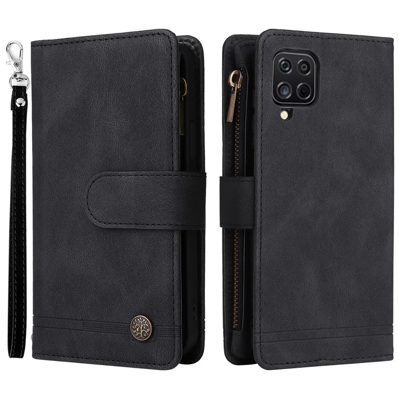 Stripes Imprinted Skin-touch Wallet Stand Leather Cover Card Slots Well-protected Phone Case with Zipper Pocket for Samsung Galaxy A12 - Black