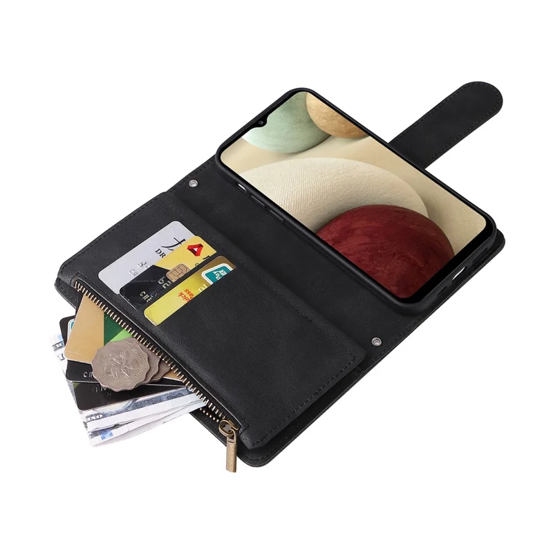 Stripes Imprinted Skin-touch Wallet Stand Leather Cover Card Slots Well-protected Phone Case with Zipper Pocket for Samsung Galaxy A12 - Black