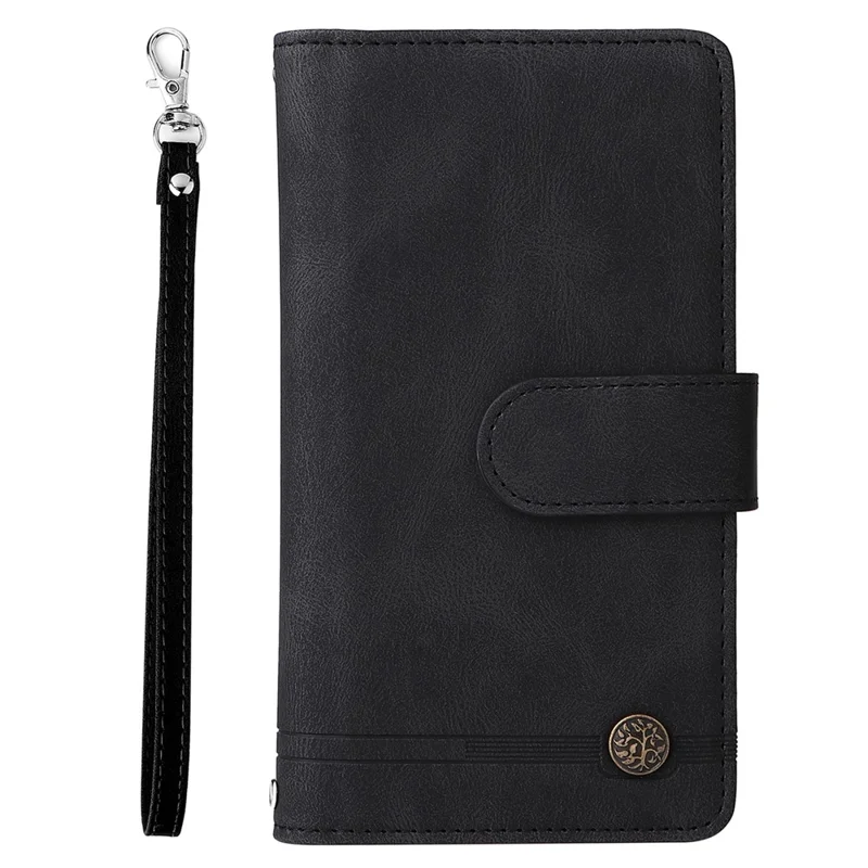 Stripes Imprinted Skin-touch Wallet Stand Leather Cover Card Slots Well-protected Phone Case with Zipper Pocket for Samsung Galaxy A12 - Black