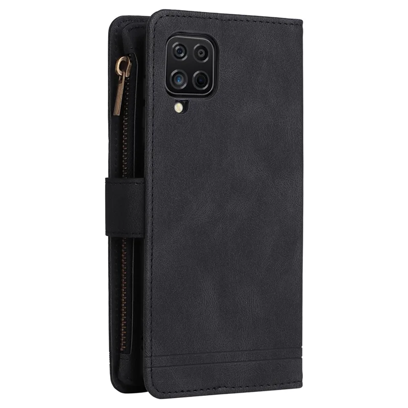 Stripes Imprinted Skin-touch Wallet Stand Leather Cover Card Slots Well-protected Phone Case with Zipper Pocket for Samsung Galaxy A12 - Black