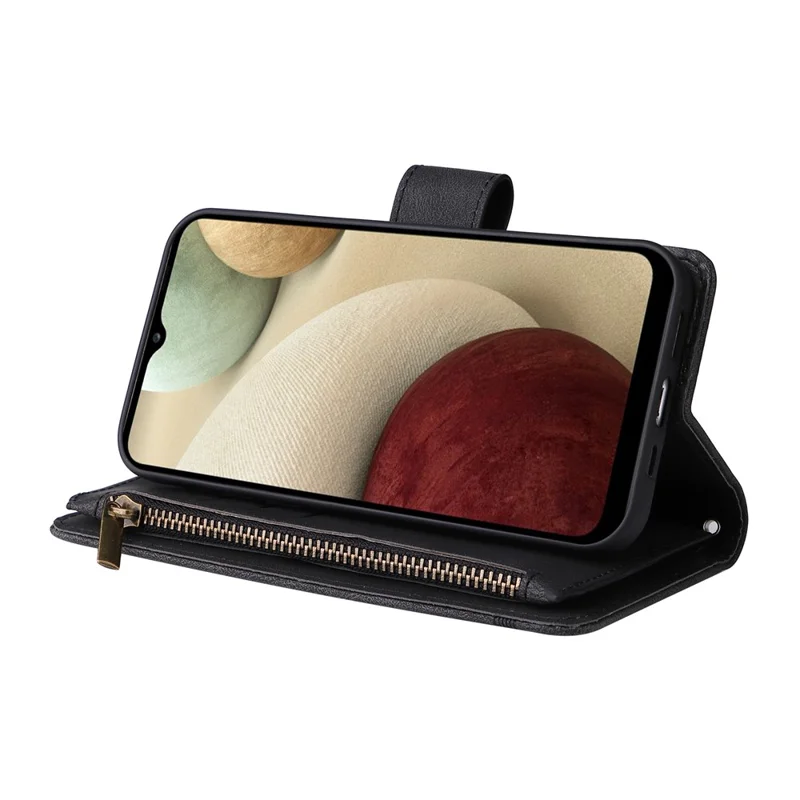 Stripes Imprinted Skin-touch Wallet Stand Leather Cover Card Slots Well-protected Phone Case with Zipper Pocket for Samsung Galaxy A12 - Black