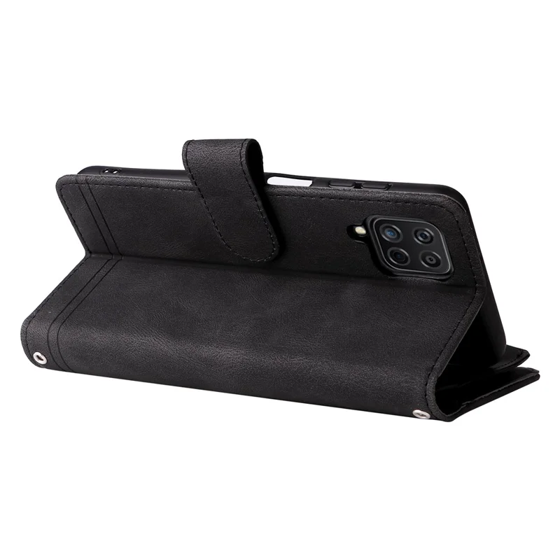 Stripes Imprinted Skin-touch Wallet Stand Leather Cover Card Slots Well-protected Phone Case with Zipper Pocket for Samsung Galaxy A12 - Black