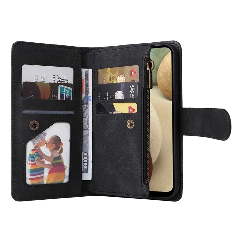 Stripes Imprinted Skin-touch Wallet Stand Leather Cover Card Slots Well-protected Phone Case with Zipper Pocket for Samsung Galaxy A12 - Black