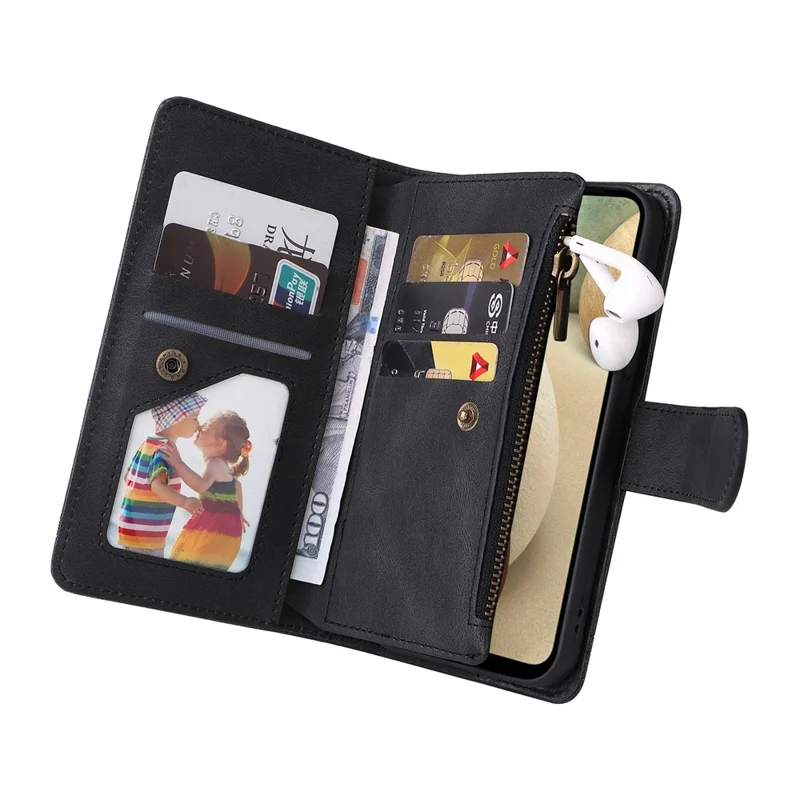 Stripes Imprinted Skin-touch Wallet Stand Leather Cover Card Slots Well-protected Phone Case with Zipper Pocket for Samsung Galaxy A12 - Black