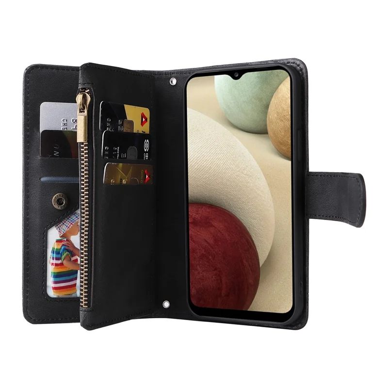 Stripes Imprinted Skin-touch Wallet Stand Leather Cover Card Slots Well-protected Phone Case with Zipper Pocket for Samsung Galaxy A12 - Black