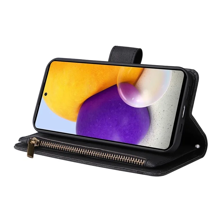 Stands Imprimés Portefeuille À Taches Cutanées Touche À Taches Cutanées All-rond Cuir Antichoc Coiffe Slots Cas De Téléphone Avec Fermeture À Glissière Pour Samsung Galaxy A72 4G / 5G - Noir