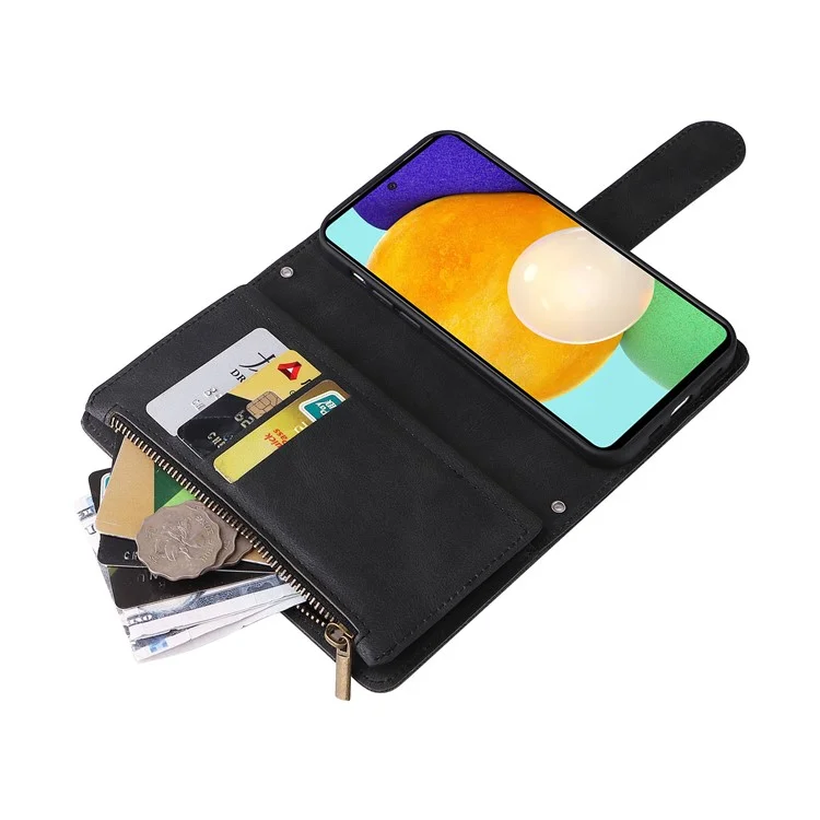 Kratzfeste Streifen Eingeprägte Haut-touch-brieftaschen-leder-abdeckkartenhülle Mit Reißverschluss-tasche Für Samsung Galaxy A52 4g/5g/a52s 5G - Schwarz