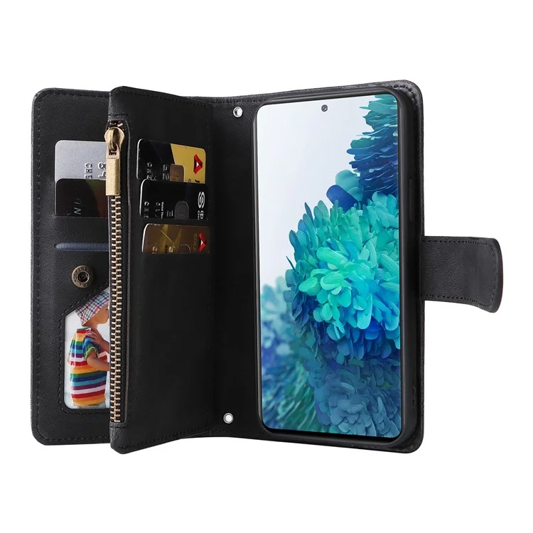 Vollständige Schutzstreifen Eingeprägte Haut-touch-brieftaschen-ständer Leder-deckungskarten-slots Telefonhülle Mit Reißverschluss Für Samsung Galaxy S20 fe 2022/S20 Fe/s20 fe 5G/S20 Lite - Schwarz