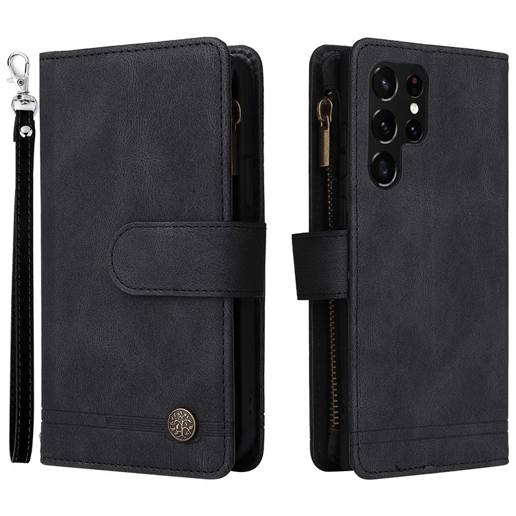 Imprinting Stripes PU Leather Shockproof Phone Cover Zipper Pocket Multiple Card Slots Protective Case for Samsung Galaxy S22 Ultra 5G - Black