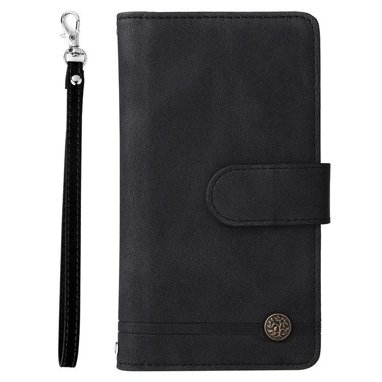 Imprinting Stripes PU Leather Shockproof Phone Cover Zipper Pocket Multiple Card Slots Protective Case for Samsung Galaxy S22 Ultra 5G - Black
