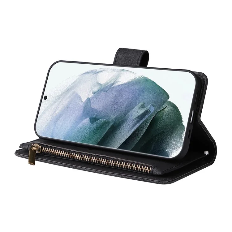 Imprinting Stripes PU Leather Shockproof Phone Cover Zipper Pocket Multiple Card Slots Protective Case for Samsung Galaxy S22 Ultra 5G - Black