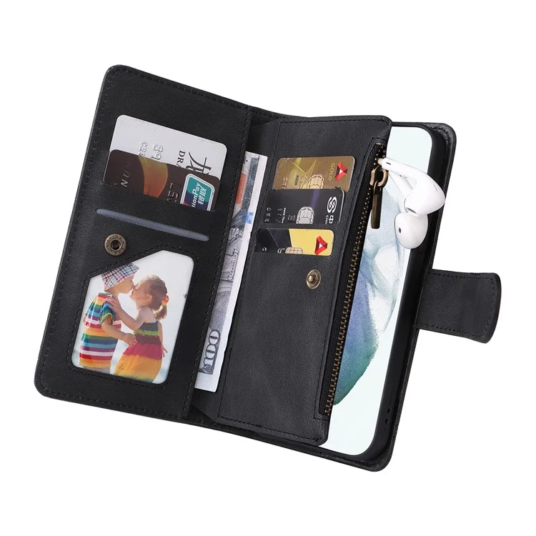 Imprinting Stripes PU Leather Shockproof Phone Cover Zipper Pocket Multiple Card Slots Protective Case for Samsung Galaxy S22 Ultra 5G - Black