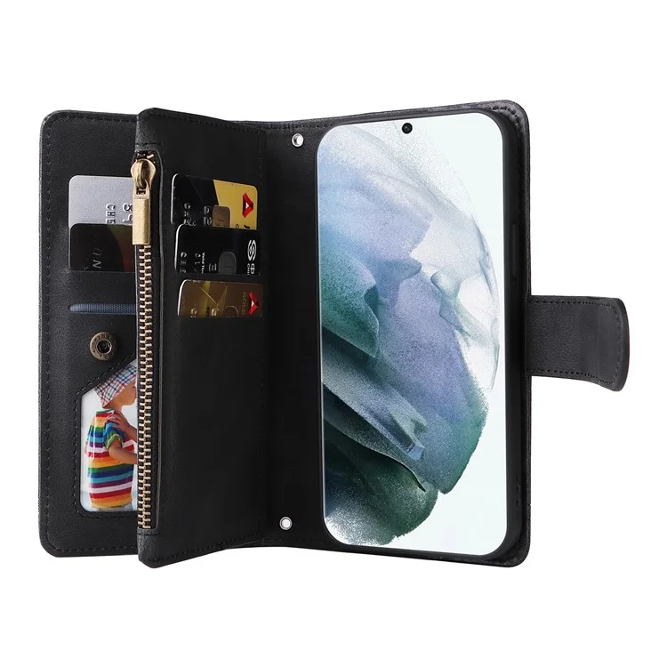 Imprinting Stripes PU Leather Shockproof Phone Cover Zipper Pocket Multiple Card Slots Protective Case for Samsung Galaxy S22 Ultra 5G - Black