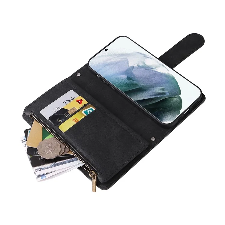 Imprinting Stripes PU Leather Shockproof Phone Cover Zipper Pocket Multiple Card Slots Protective Case for Samsung Galaxy S22 Ultra 5G - Black