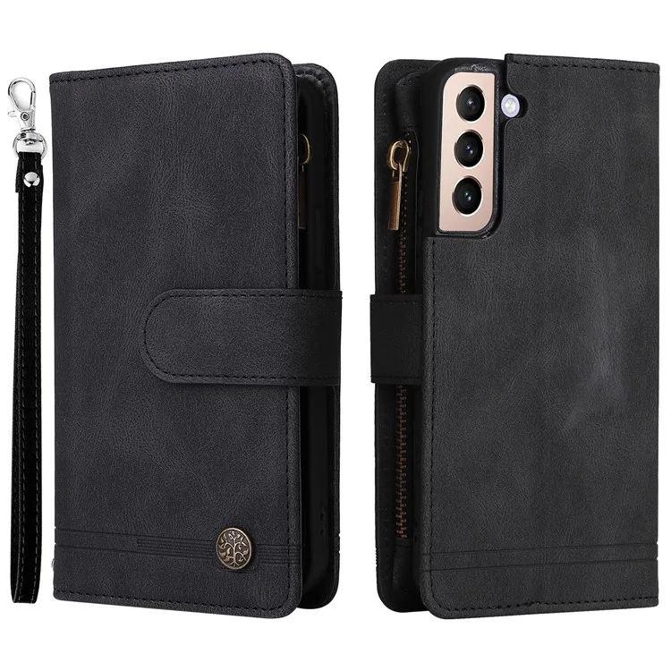 Stripes Imprinted Skin-touch Wallet Stand Leather Cover Card Slots Phone Case with Zipper Pocket for Samsung Galaxy S22 5G - Black