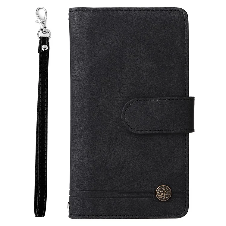 Stripes Imprinted Skin-touch Wallet Stand Leather Cover Card Slots Phone Case with Zipper Pocket for Samsung Galaxy S22 5G - Black
