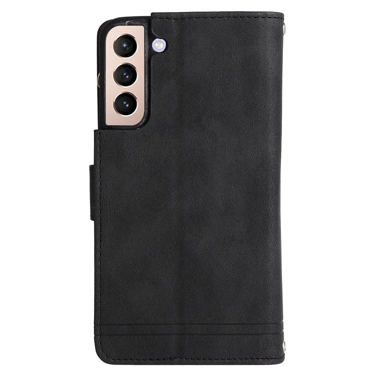 Stripes Imprinted Skin-touch Wallet Stand Leather Cover Card Slots Phone Case with Zipper Pocket for Samsung Galaxy S22 5G - Black
