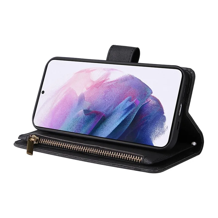 Stripes Imprinted Skin-touch Wallet Stand Leather Cover Card Slots Phone Case with Zipper Pocket for Samsung Galaxy S22 5G - Black