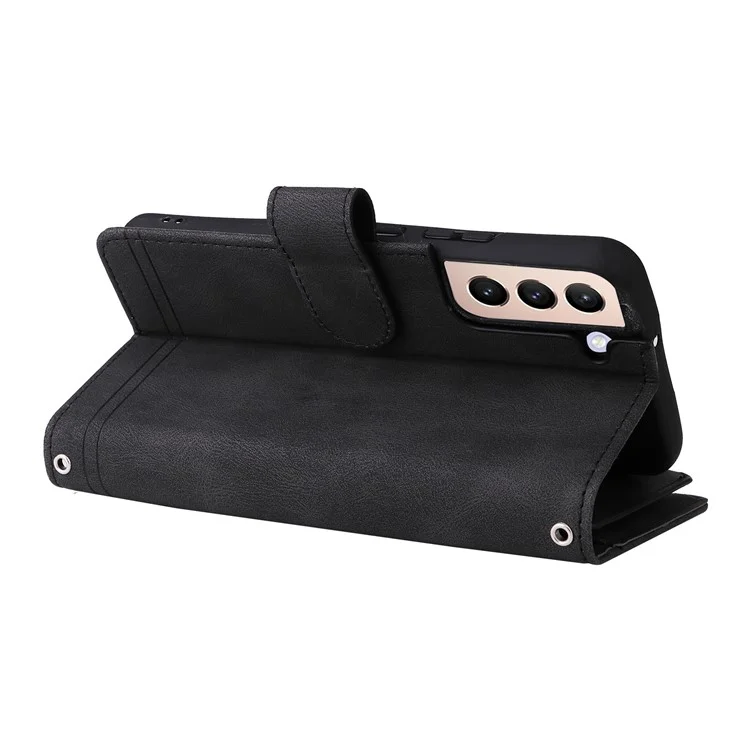 Stripes Imprinted Skin-touch Wallet Stand Leather Cover Card Slots Phone Case with Zipper Pocket for Samsung Galaxy S22 5G - Black