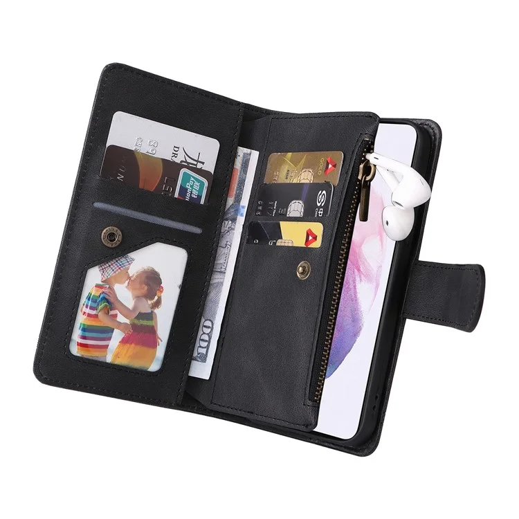 Stripes Imprinted Skin-touch Wallet Stand Leather Cover Card Slots Phone Case with Zipper Pocket for Samsung Galaxy S22 5G - Black