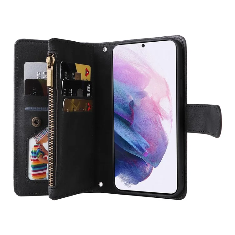 Stripes Imprinted Skin-touch Wallet Stand Leather Cover Card Slots Phone Case with Zipper Pocket for Samsung Galaxy S22 5G - Black