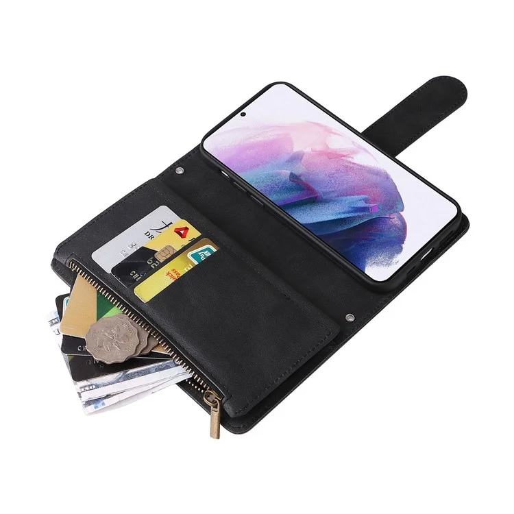 Stripes Imprinted Skin-touch Wallet Stand Leather Cover Card Slots Phone Case with Zipper Pocket for Samsung Galaxy S22 5G - Black