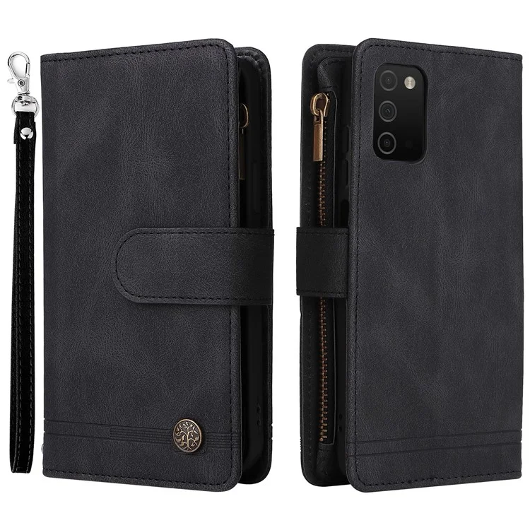 Zipper Pocket Stripes Imprinted Leather Cover Wallet Stand Phone Case with Multiple Card Slots for Samsung Galaxy A03s (164.2 x 75.9 x 9.1mm) - Black