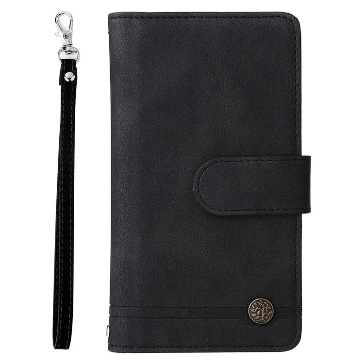 Zipper Pocket Stripes Imprinted Leather Cover Wallet Stand Phone Case with Multiple Card Slots for Samsung Galaxy A03s (164.2 x 75.9 x 9.1mm) - Black