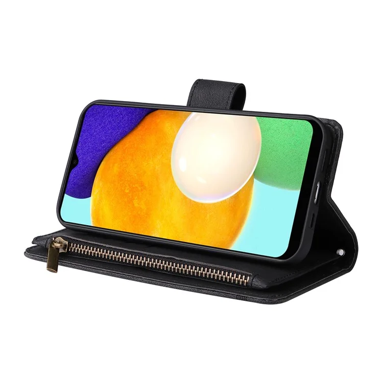 Zipper Pocket Stripes Imprinted Leather Cover Wallet Stand Phone Case with Multiple Card Slots for Samsung Galaxy A03s (164.2 x 75.9 x 9.1mm) - Black