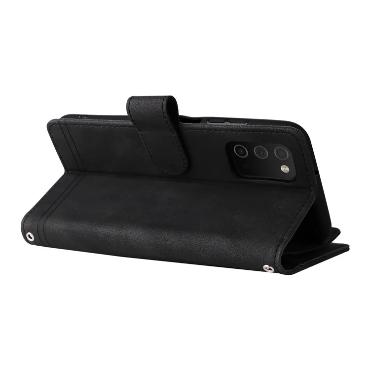 Zipper Pocket Stripes Imprinted Leather Cover Wallet Stand Phone Case with Multiple Card Slots for Samsung Galaxy A03s (164.2 x 75.9 x 9.1mm) - Black