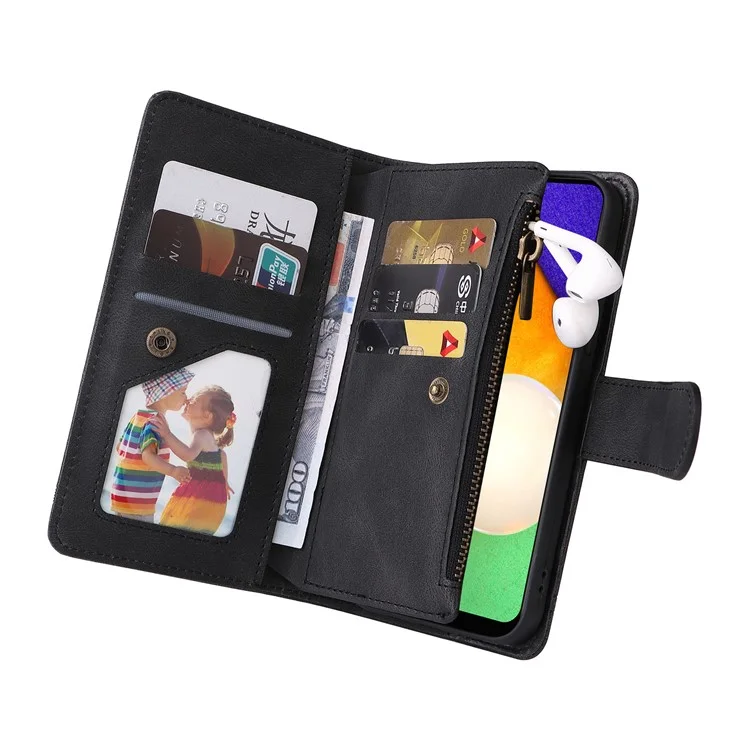 Zipper Pocket Stripes Imprinted Leather Cover Wallet Stand Phone Case with Multiple Card Slots for Samsung Galaxy A03s (164.2 x 75.9 x 9.1mm) - Black