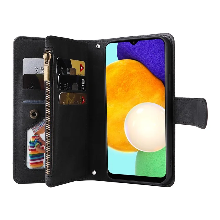 Zipper Pocket Stripes Imprinted Leather Cover Wallet Stand Phone Case with Multiple Card Slots for Samsung Galaxy A03s (164.2 x 75.9 x 9.1mm) - Black