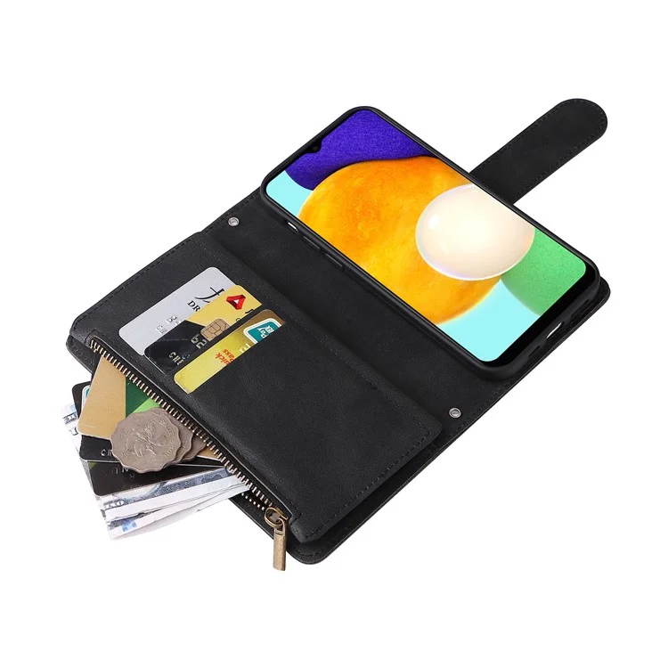 Zipper Pocket Stripes Imprinted Leather Cover Wallet Stand Phone Case with Multiple Card Slots for Samsung Galaxy A03s (164.2 x 75.9 x 9.1mm) - Black