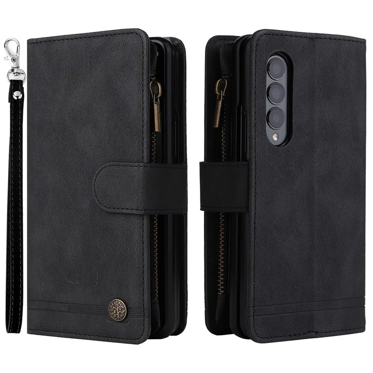 Geprägte Streifenhaut-Berührung PU-Leder-Cover Reißverschlusstaschen Mehrfache Kartenfächer Handyhülle mit Ständer für Samsung Galaxy Z Fold3 5G - Schwarz