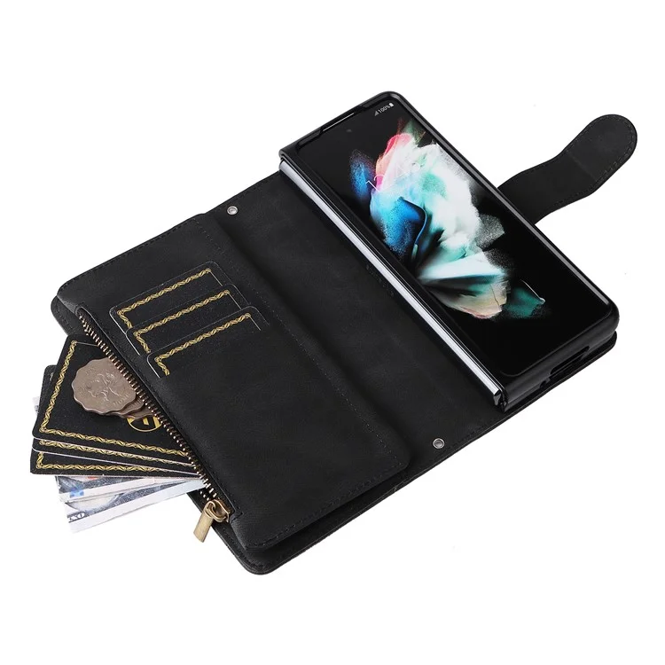 Geprägte Streifenhaut-Berührung PU-Leder-Cover Reißverschlusstaschen Mehrfache Kartenfächer Handyhülle mit Ständer für Samsung Galaxy Z Fold3 5G - Schwarz