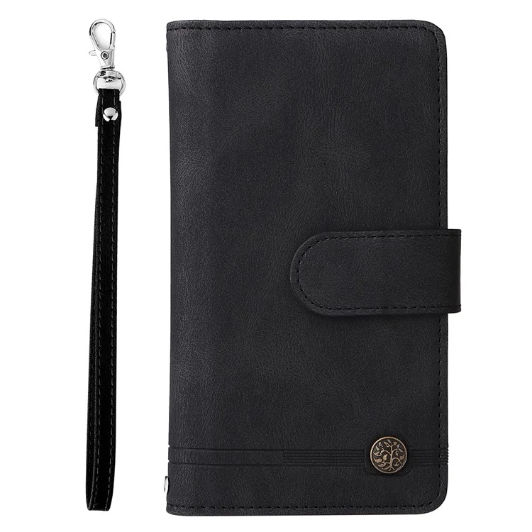 Geprägte Streifenhaut-Berührung PU-Leder-Cover Reißverschlusstaschen Mehrfache Kartenfächer Handyhülle mit Ständer für Samsung Galaxy Z Fold3 5G - Schwarz