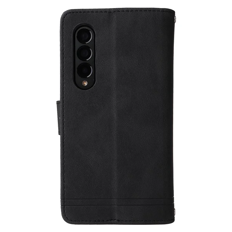 Geprägte Streifenhaut-Berührung PU-Leder-Cover Reißverschlusstaschen Mehrfache Kartenfächer Handyhülle mit Ständer für Samsung Galaxy Z Fold3 5G - Schwarz