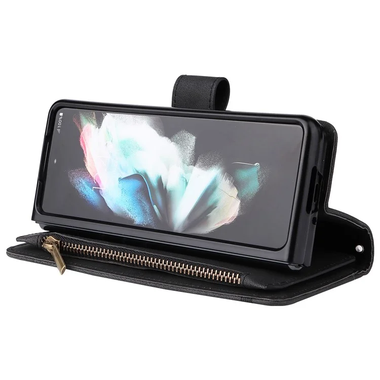 Geprägte Streifenhaut-Berührung PU-Leder-Cover Reißverschlusstaschen Mehrfache Kartenfächer Handyhülle mit Ständer für Samsung Galaxy Z Fold3 5G - Schwarz