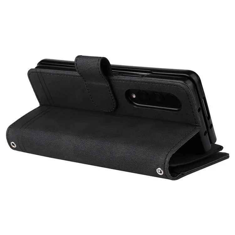 Geprägte Streifenhaut-Berührung PU-Leder-Cover Reißverschlusstaschen Mehrfache Kartenfächer Handyhülle mit Ständer für Samsung Galaxy Z Fold3 5G - Schwarz