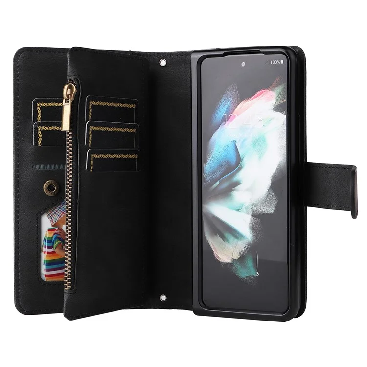 Geprägte Streifenhaut-Berührung PU-Leder-Cover Reißverschlusstaschen Mehrfache Kartenfächer Handyhülle mit Ständer für Samsung Galaxy Z Fold3 5G - Schwarz