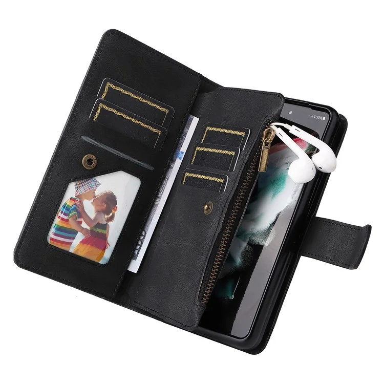 Geprägte Streifenhaut-Berührung PU-Leder-Cover Reißverschlusstaschen Mehrfache Kartenfächer Handyhülle mit Ständer für Samsung Galaxy Z Fold3 5G - Schwarz