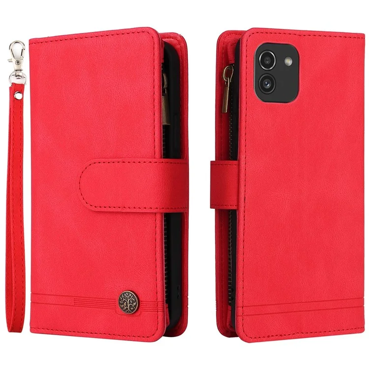 Imprinting Stripes Zipper Pocket Phone Case Multiple Card Slots Stand Leather Shell for Samsung Galaxy A03 (164.2 x 75.9 x 9.1mm) - Red