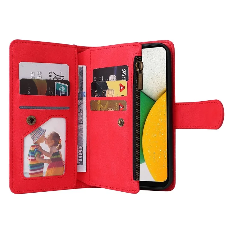 Imprinting Stripes Zipper Pocket Phone Case Multiple Card Slots Stand Leather Shell for Samsung Galaxy A03 (164.2 x 75.9 x 9.1mm) - Red