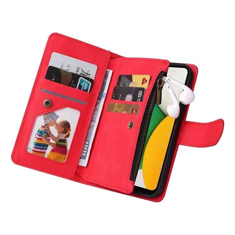 Imprinting Stripes Zipper Pocket Phone Case Multiple Card Slots Stand Leather Shell for Samsung Galaxy A03 (164.2 x 75.9 x 9.1mm) - Red